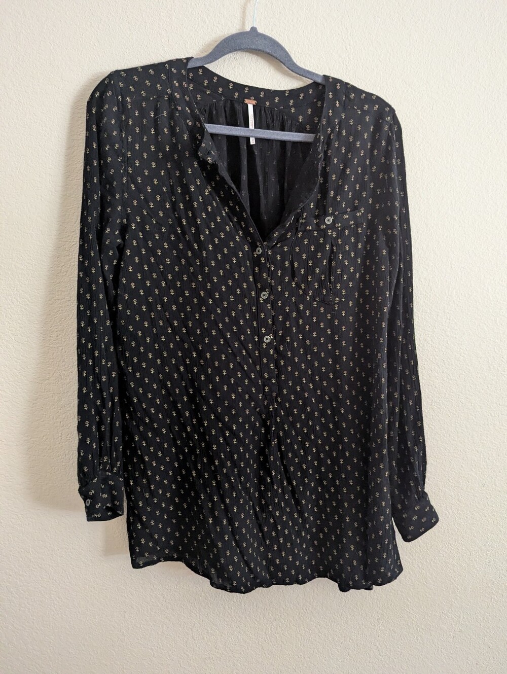 Free People Black Long-Sleeve Button Front Blouse with Tiny Cream Motif